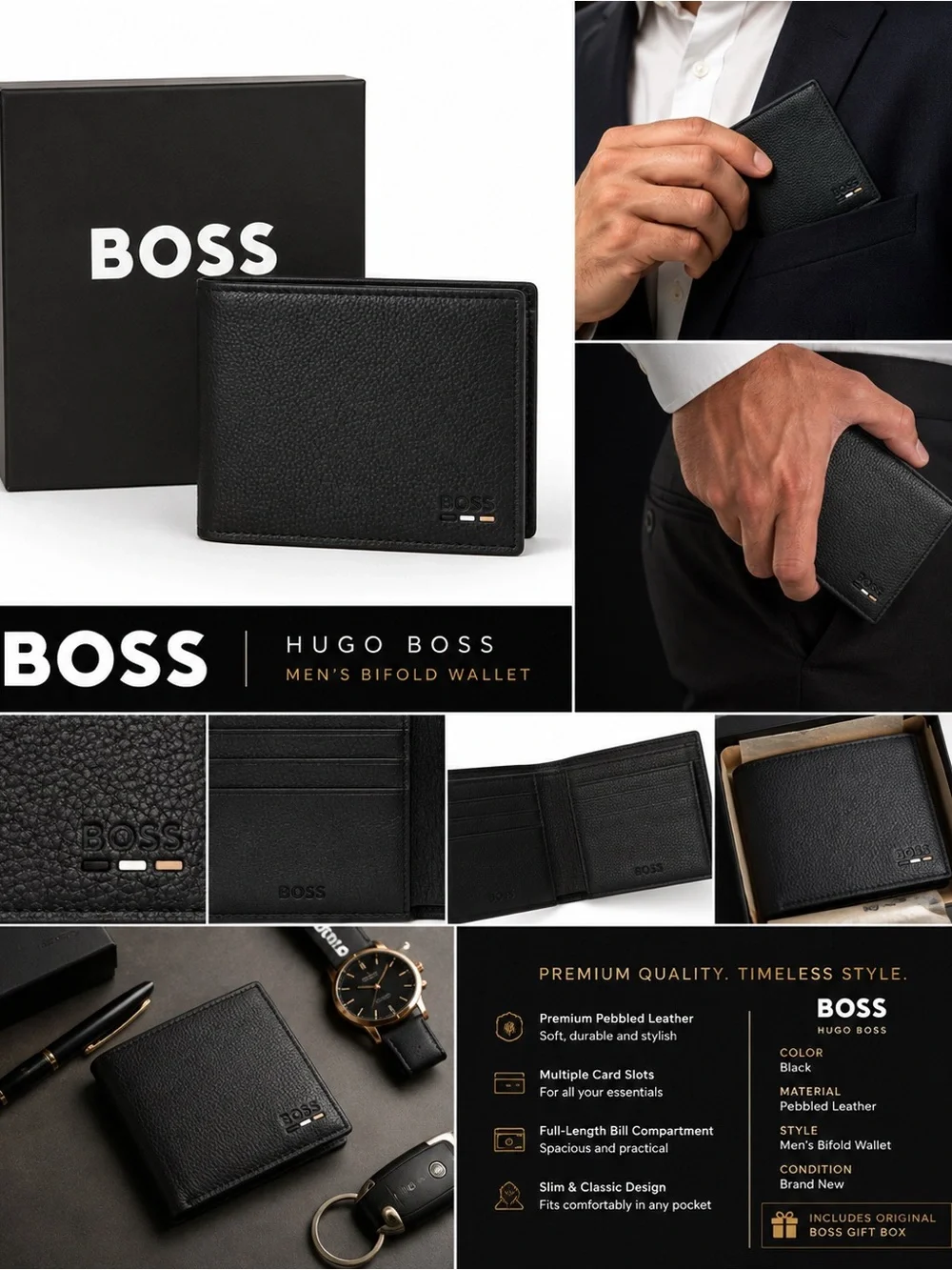 Boss Black and Red Leather Double Billfold Wallet